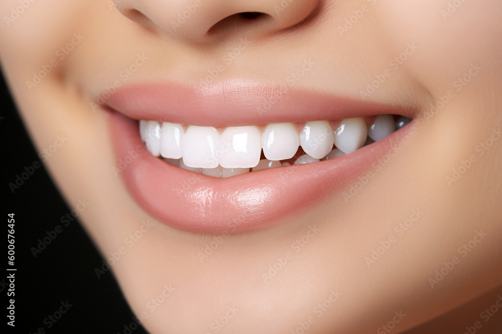 Fototapeta premium close up of a woman smiling with white teeth. Marketing, dentist advertising poster. Generative Ai