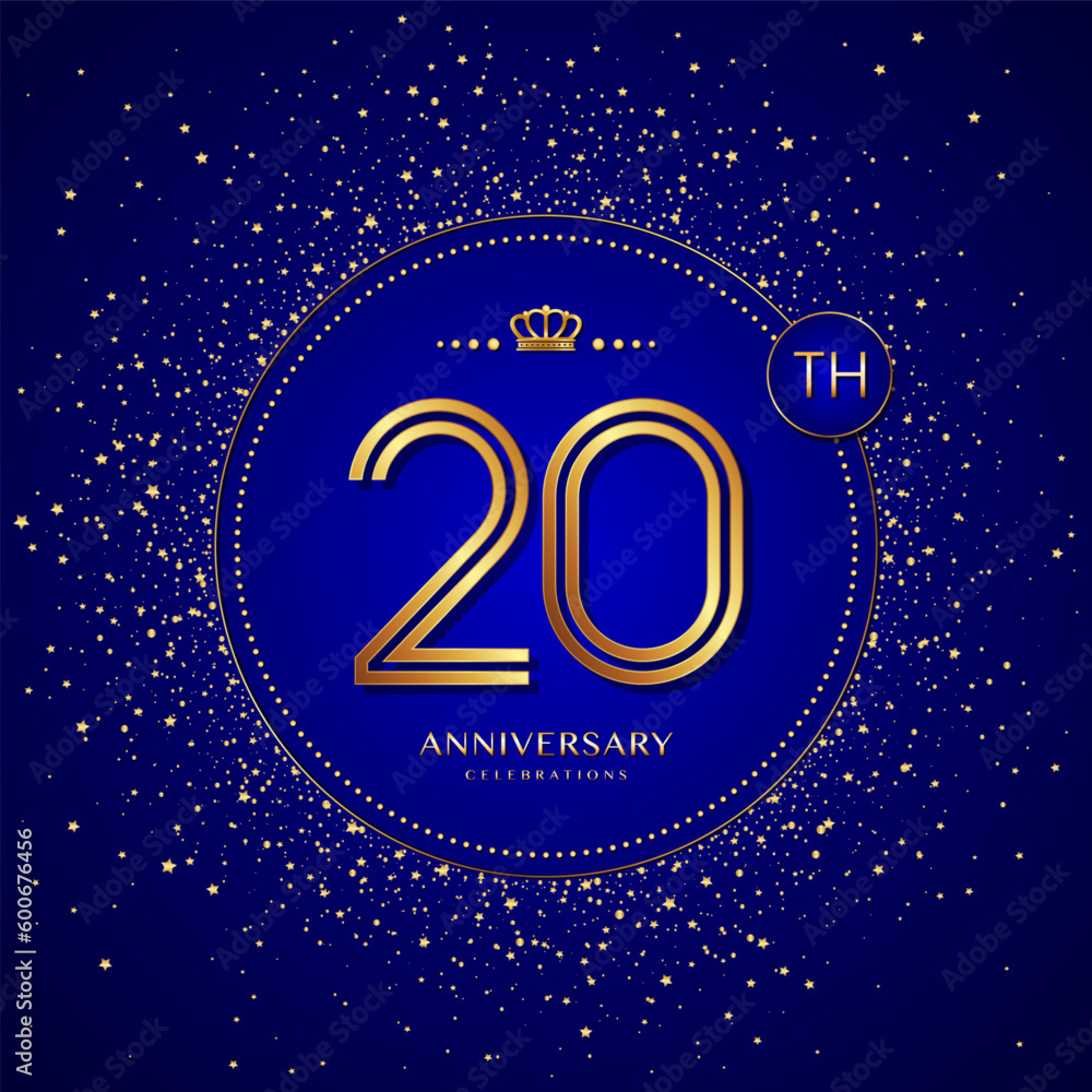 20th anniversary logo with gold numbers and glitter isolated on a blue background 20th anniversary logo with gold numbers and glitter isolated on a blue background