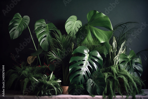 Monstera green leaves or Monstera Deliciosa in dark tones  background or green leafy tropical pine forest patterns for creative design elements. Philodendron monstera textures. Generative AI