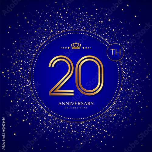 20th anniversary logo with gold numbers and glitter isolated on a blue background