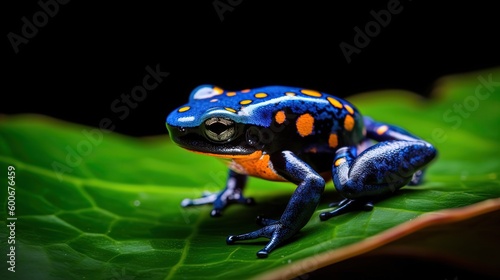 close up macro cute animal in wildness jungle background, colorful blue red frog, Generative Ai