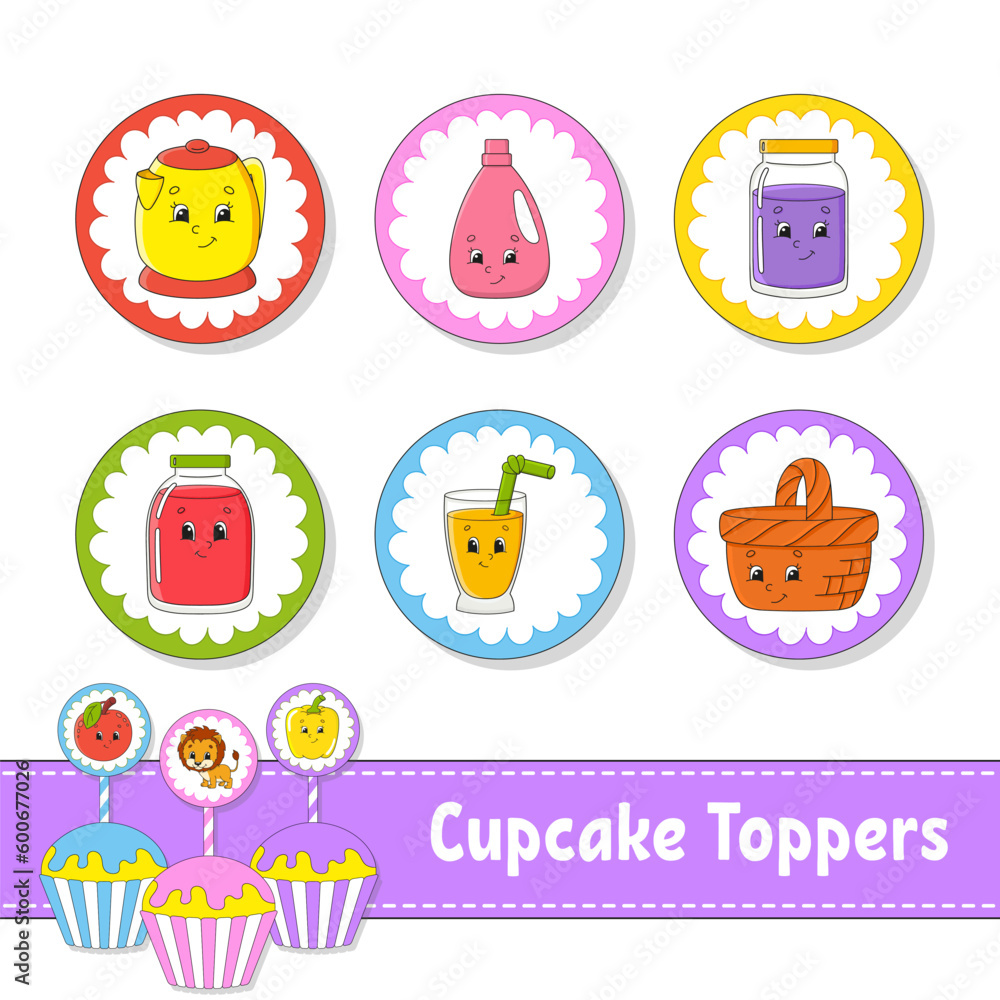 Fototapeta premium Cupcake Toppers. Set of six round pictures. cartoon characters. Cute image. For birthday, baby shower. Isolated on white background. Vector illustration.