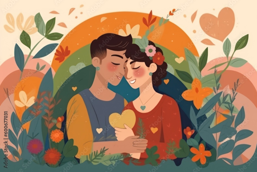 Flat illustration pride day lesbian couple in love background. Generative ai.