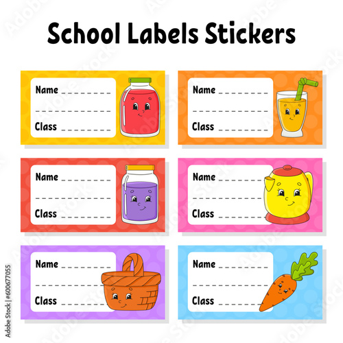 Name and class. Back to school labels. Set stickers for notebook. Bright stickers. Rectangular label. Color vector isolated illustration.