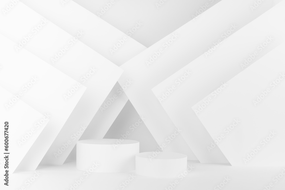 White abstract scene mockup in modern geometric simple trendy style - two soft light cylinder podiums for presentation cosmetic products, goods, design with stripes, angles. White abstract scene mockup in modern geometric simple trendy style - two soft light cylinder podiums for presentation cosmetic products, goods, design with stripes, angles.