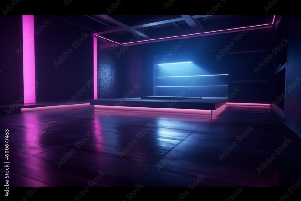 room futuristic abstract smoke fog light background neon rays space blue. Generative AI.