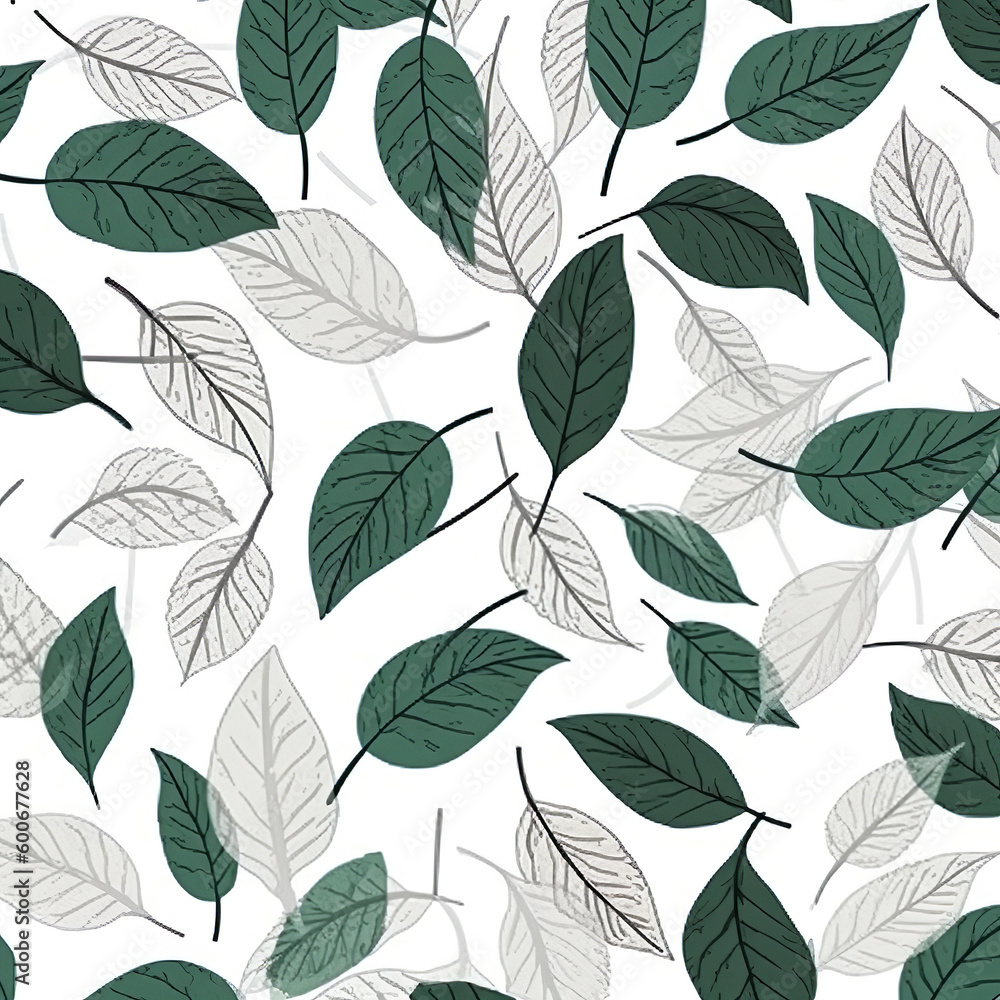 Illustrated pastel green color Spring drawn leaves pattern on white background, illustration for decorative paper. Generative AI.