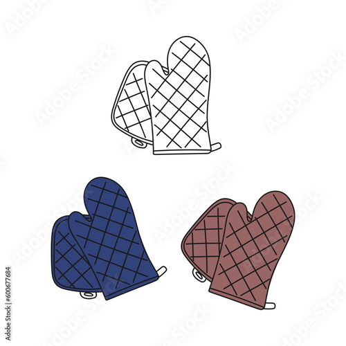 Oven mitt. Chefs protective potholder. Glove for cooking food. Kitchen accessories. Hand drawn, Doodle vector illustration.