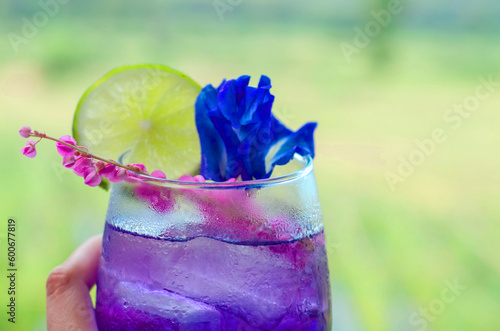 Butterfly pea water that has a beautiful purple color. Beautifully decorated with anise flowers.