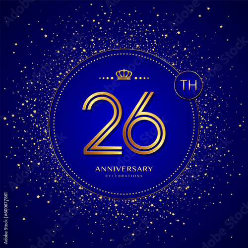 26th anniversary logo with gold numbers and glitter isolated on a blue background