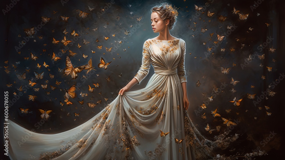 beautiful woman walking surrounded with butterfly, Generative Ai