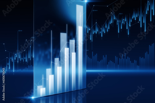 Perspective view on growing up financial chart candlestick and diagram on blue digital forex market screen background, investing and stock market concept. 3D rendering