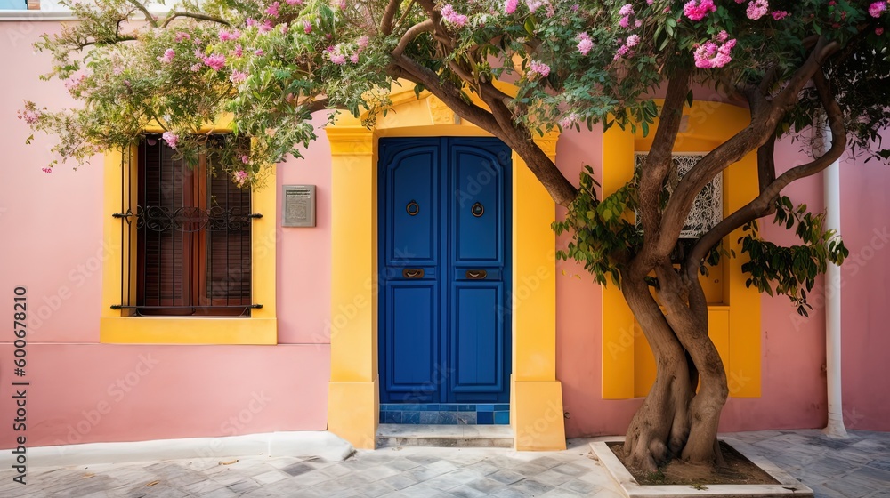 Fototapeta premium front house or apartment wooden door with flower blossom vine shade, Generative Ai