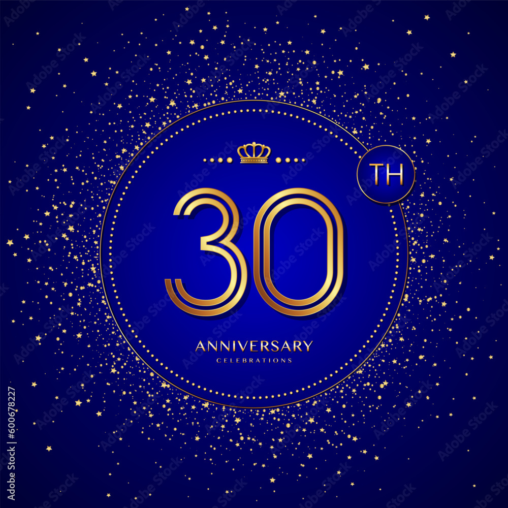 30th anniversary logo with gold numbers and glitter isolated on a blue background 30th anniversary logo with gold numbers and glitter isolated on a blue background