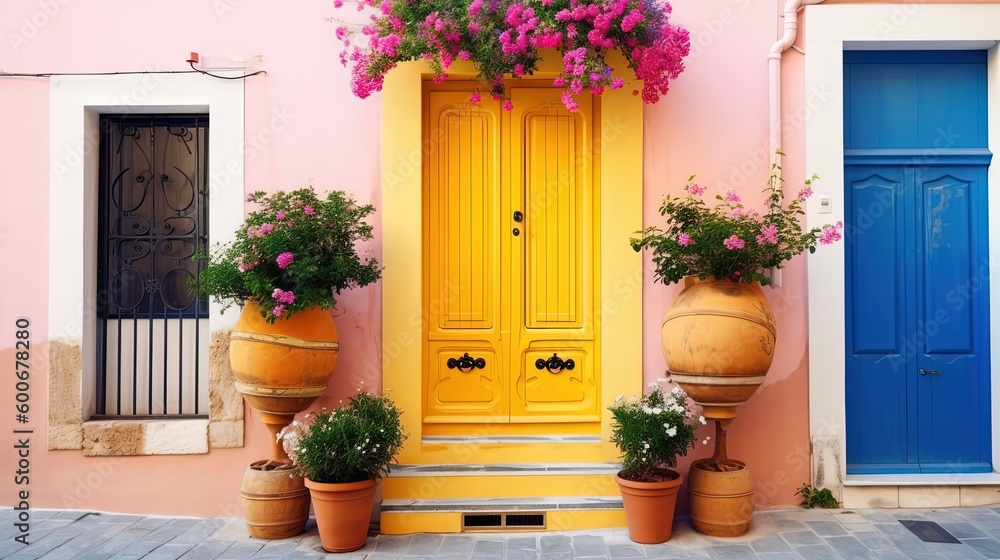 Naklejka premium front house or apartment wooden door with flower blossom vine shade, Generative Ai