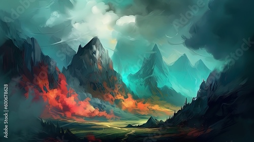 illustration of beautiful fantasy landscape forest mountain   Generative Ai