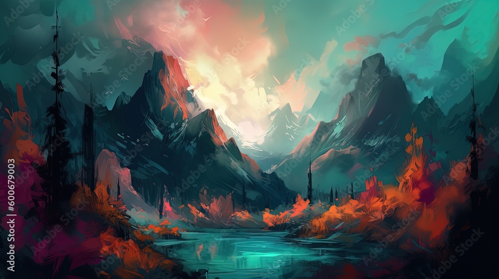 illustration of beautiful  fantasy landscape forest mountain , Generative Ai