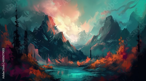illustration of beautiful fantasy landscape forest mountain , Generative Ai