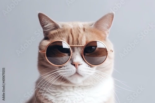 Portrait of a beautiful cat with sunglasses on a gray background. Created with Generative AI tools