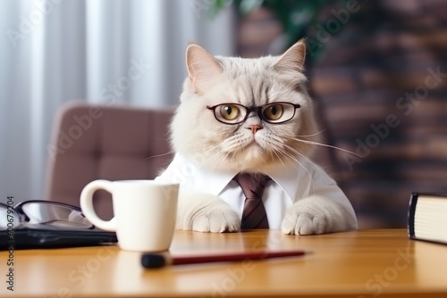 Cute british shorthair cat in a business suit with glasses and a cup of coffee. Created with Generative AI tools