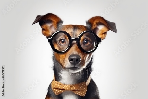 Funny dog with glasses and bow tie on a white background. Created with Generative AI tools © DIGITALSHAPE