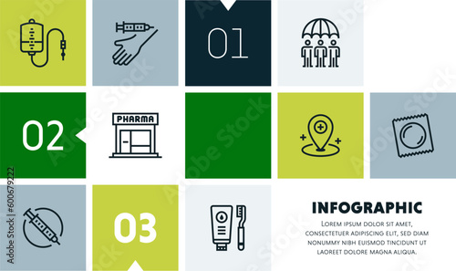 Health governance and administration infographic design with icons, made by thin line style with editable strokes.