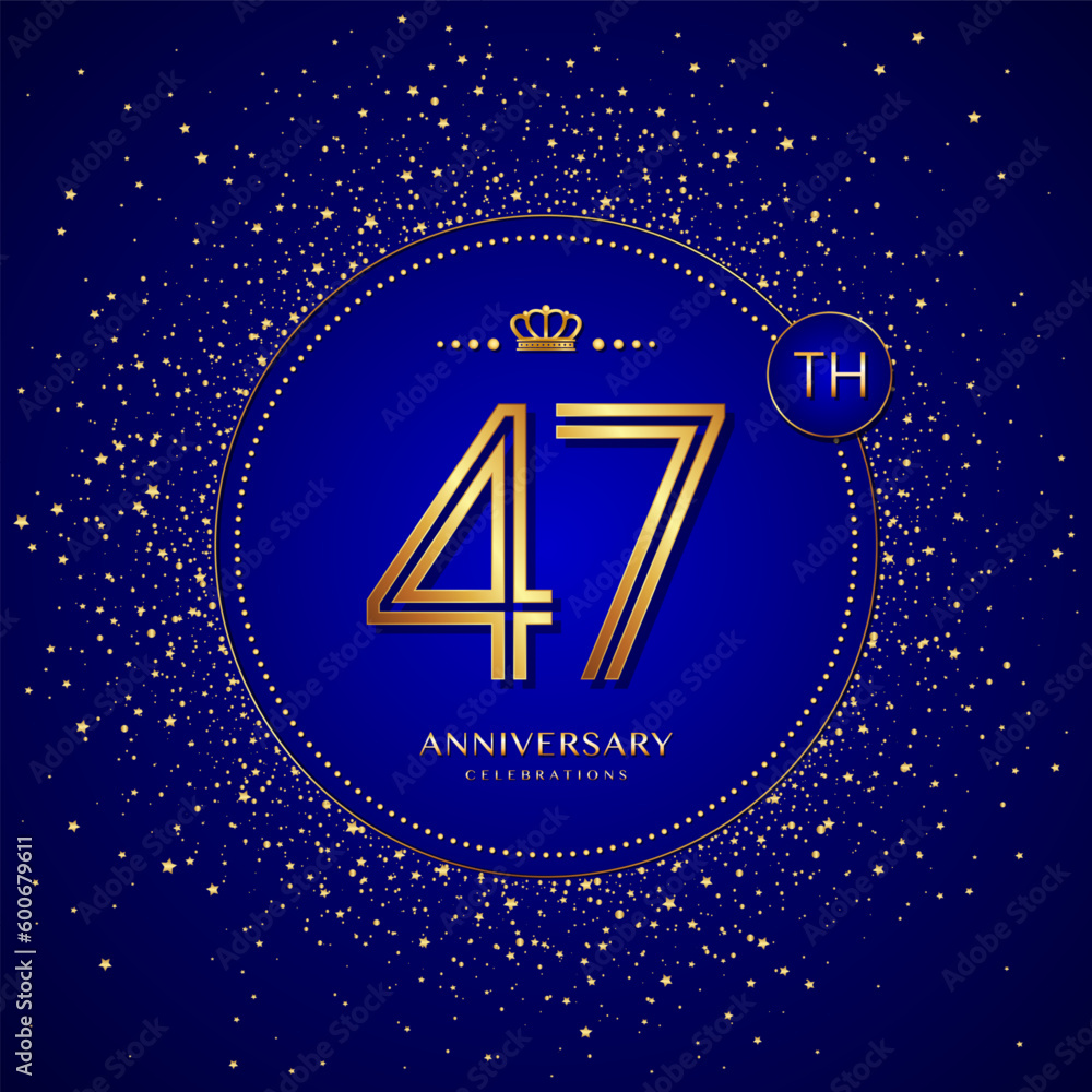 47th anniversary logo with gold numbers and glitter isolated on a blue background