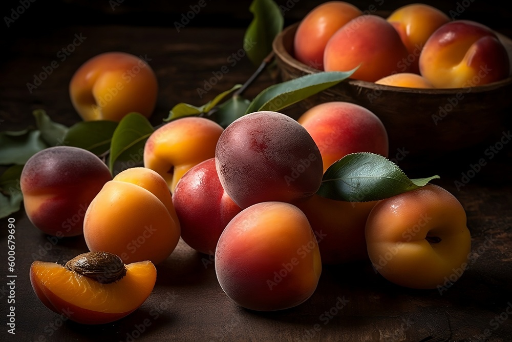 delicious fresh apricots on a wooden table with a dark background in the style of rustic food photography, created with generative AI technology delicious fresh apricots on a wooden table with a dark background in the style of rustic food photography, created with generative AI technology