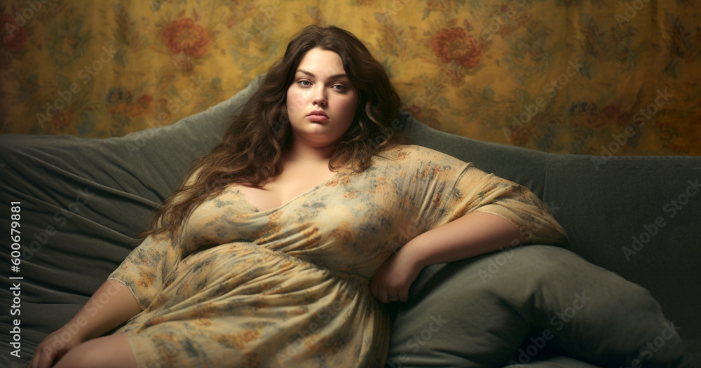 Young,happy, positive, smiling, overweight woman posing in stylish fashion, trendy. Concept of sport, body-positivity, weight loss, body and health care, self loving plus size woman