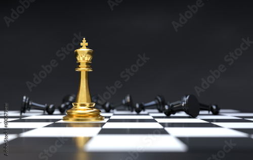 The golden chess king was standing in front of the falling chess pieces
