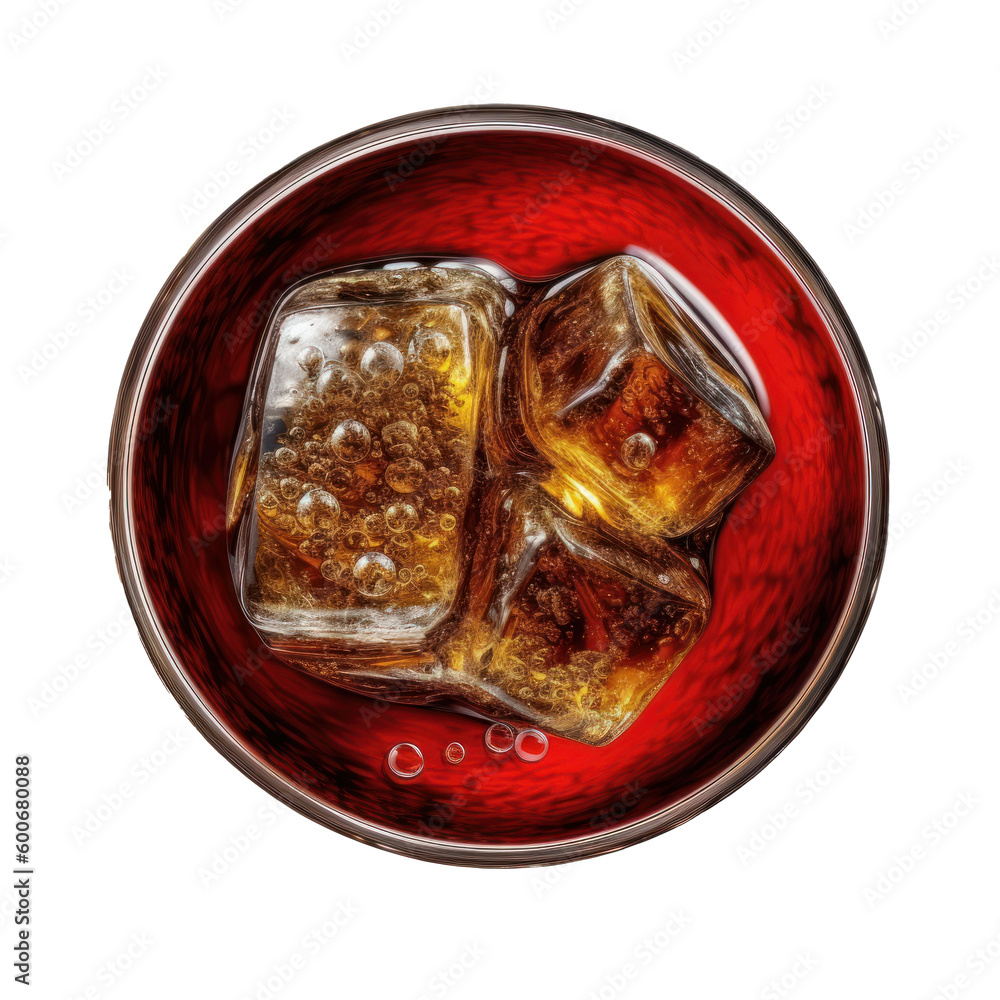 Top view of glass of Coca-Cola on isolated background, Coca-Cola with ice. Generative AI Top view of glass of Coca-Cola on isolated background, Coca-Cola with ice. Generative AI