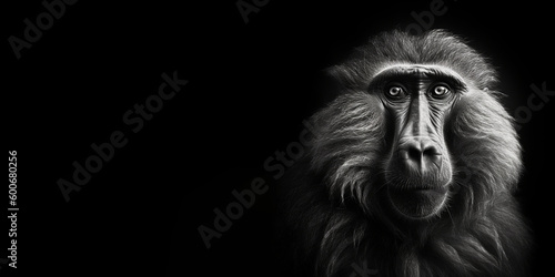 Black and white photorealistic studio portrait of a Baboon on black background. Generative AI illustration © JoelMasson