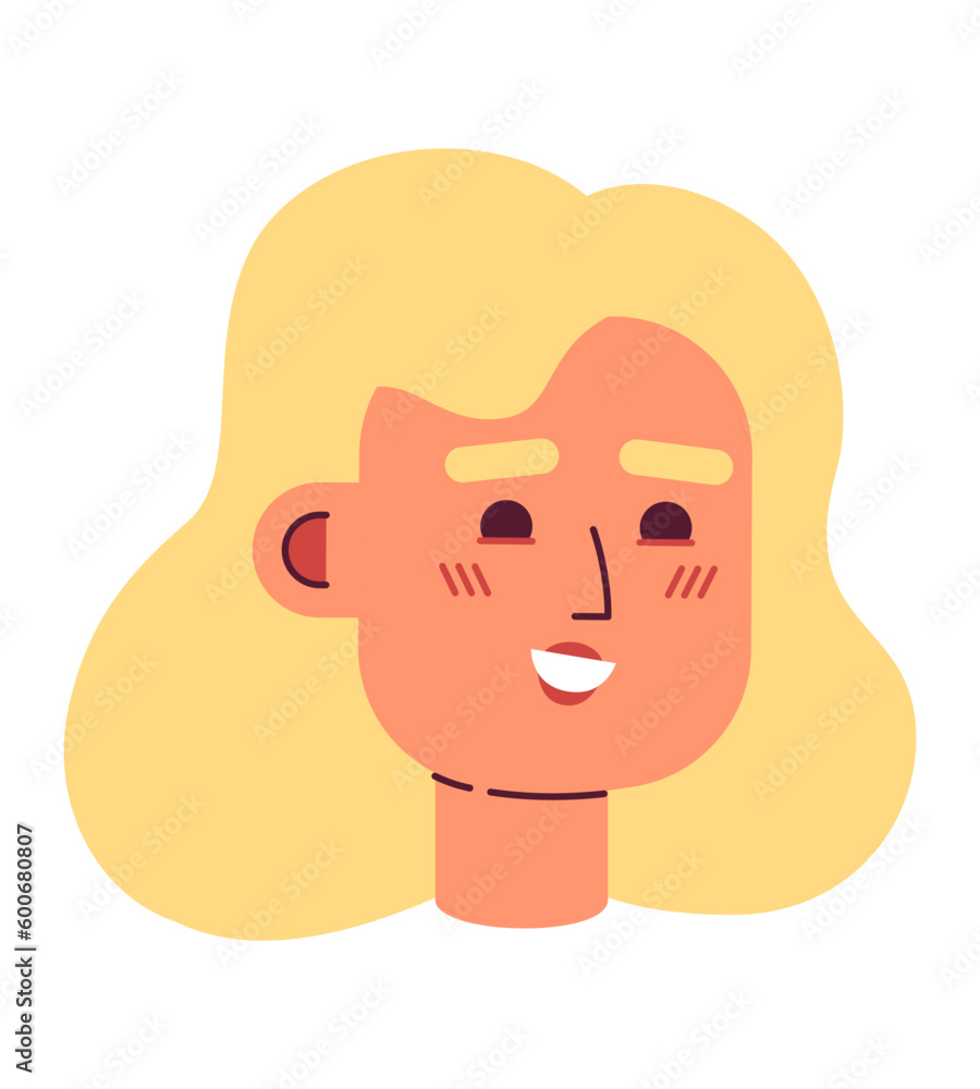 Happy caucasian young woman face semi flat vector character head. Smiling blonde woman. Editable cartoon avatar icon. Face emotion. Colorful spot illustration for web graphic design, animation Happy caucasian young woman face semi flat vector character head. Smiling blonde woman. Editable cartoon avatar icon. Face emotion. Colorful spot illustration for web graphic design, animation