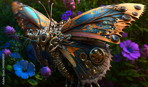 Metal butterfly in steam punk style. Cyber insect among the flowers. Close up. Generative AI.