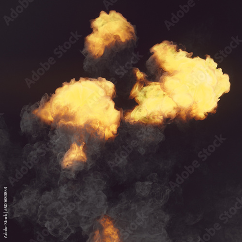 Hot fire explosion with smoke isolated on dark background. 3d rendering digital illustration