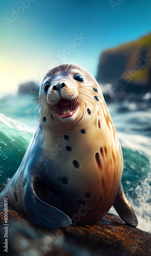 Adorable smiling seal sitting on the rock. Cute sea animal in natural habitat. Generative AI.