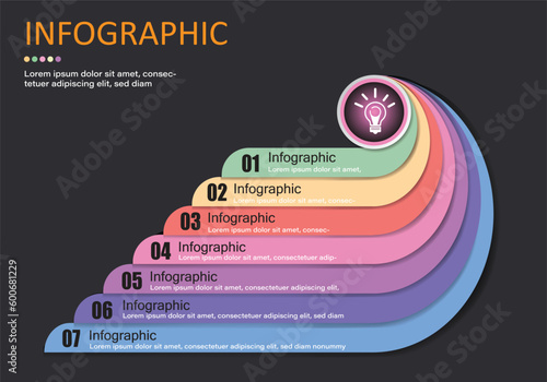 Vector infographic 7 steps modern style swirling circles with light bulb icon representing planning thinking for education finance and management presentation on black gray background.