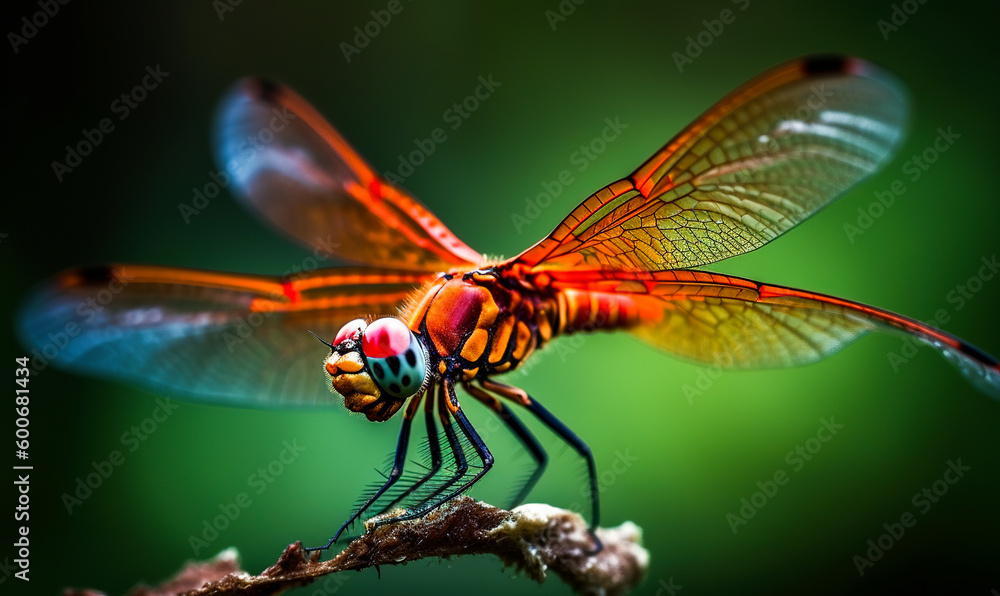 Extreme close up of a colorful dragon fly. Bright insect sitting on a stick at blurred backdrop. Generative AI. Extreme close up of a colorful dragon fly. Bright insect sitting on a stick at blurred backdrop. Generative AI.