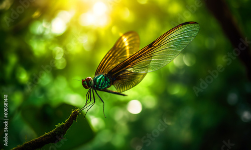 Tender green dragon fly sitting on the tree branch. Beautiful insect in the ray of sun at blurred backdrop. Close up. Generative AI. © Vadim