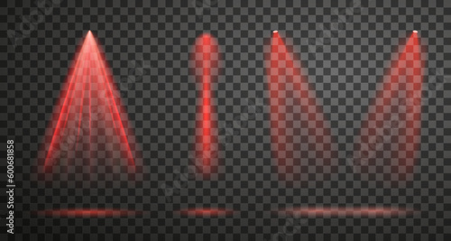 Various red spotlight beams isolated on transparent background