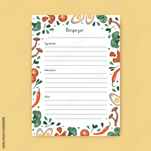 Template for a recipe book. The blank page for your recipes. Cookbook. Vector.