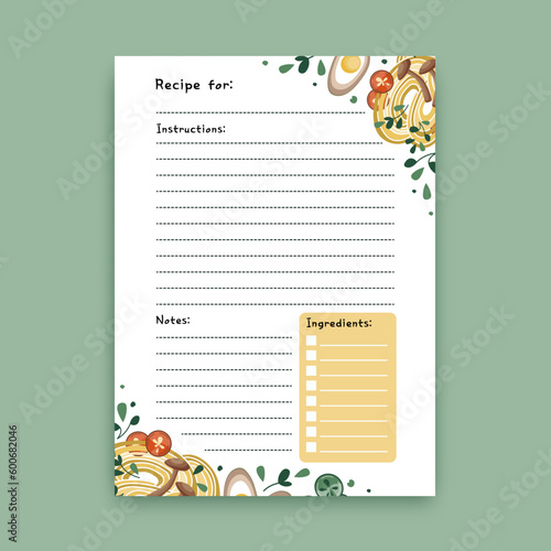 Template for a recipe book. The blank page for your recipes. Cookbook. Vector.