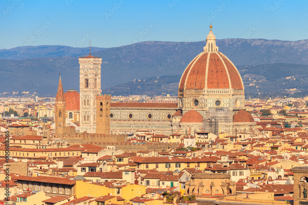 Florence Cathedral, formally the Cathedral of Saint Mary of the Flower as seen from Michelangelo Hill in Florence, Italy