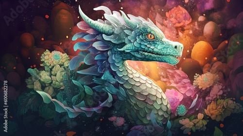 euphoria dreamy aura atmosphere, collage illustration style of a colorful dragon in dreamy fairytale atmosphere, Generative Ai © QuietWord