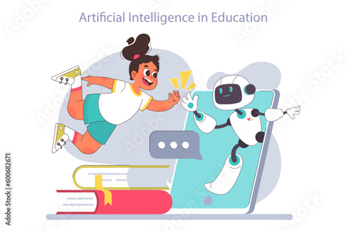 AI in children education. Little school girl gaining knowledge