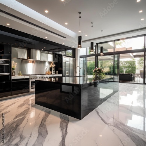 This high-end kitchen is a feast for the eyes  with polished marble floors  sleek black granite countertops  and elegant lighting fixtures that create a warm and inviting atmosphere. AI-Generated