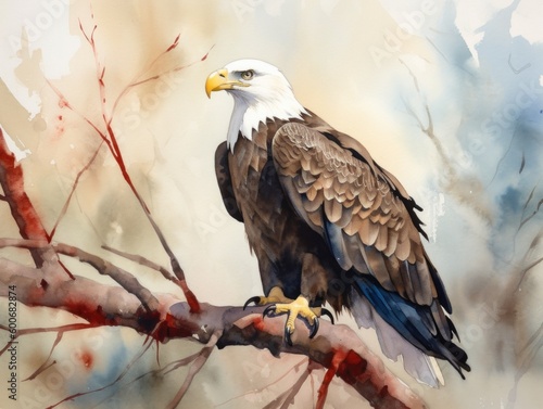 A watercolor painting of a bald eagle perched on a branch. Generative AI image.