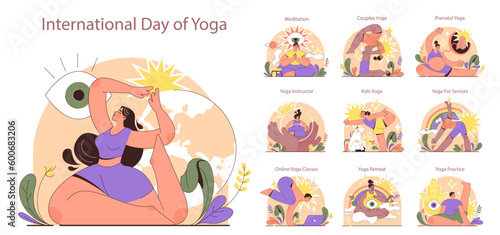 International yoga day set. Diverse people in a sportswear doing yoga