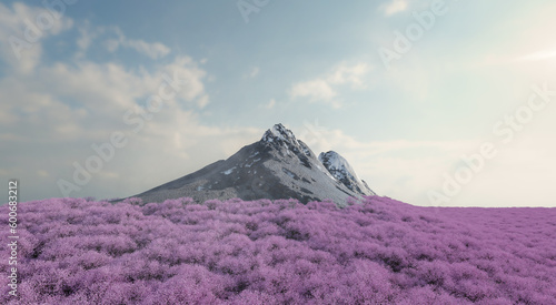 The sharp-shaped mountain is surrounded by a dense pink forest of lush trees with a backdrop of the sky and clouds. 3d rendering.