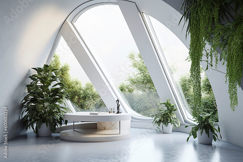 room in white colors with lot of plant and big windows. Modern interior design. relax concept. Generative AI